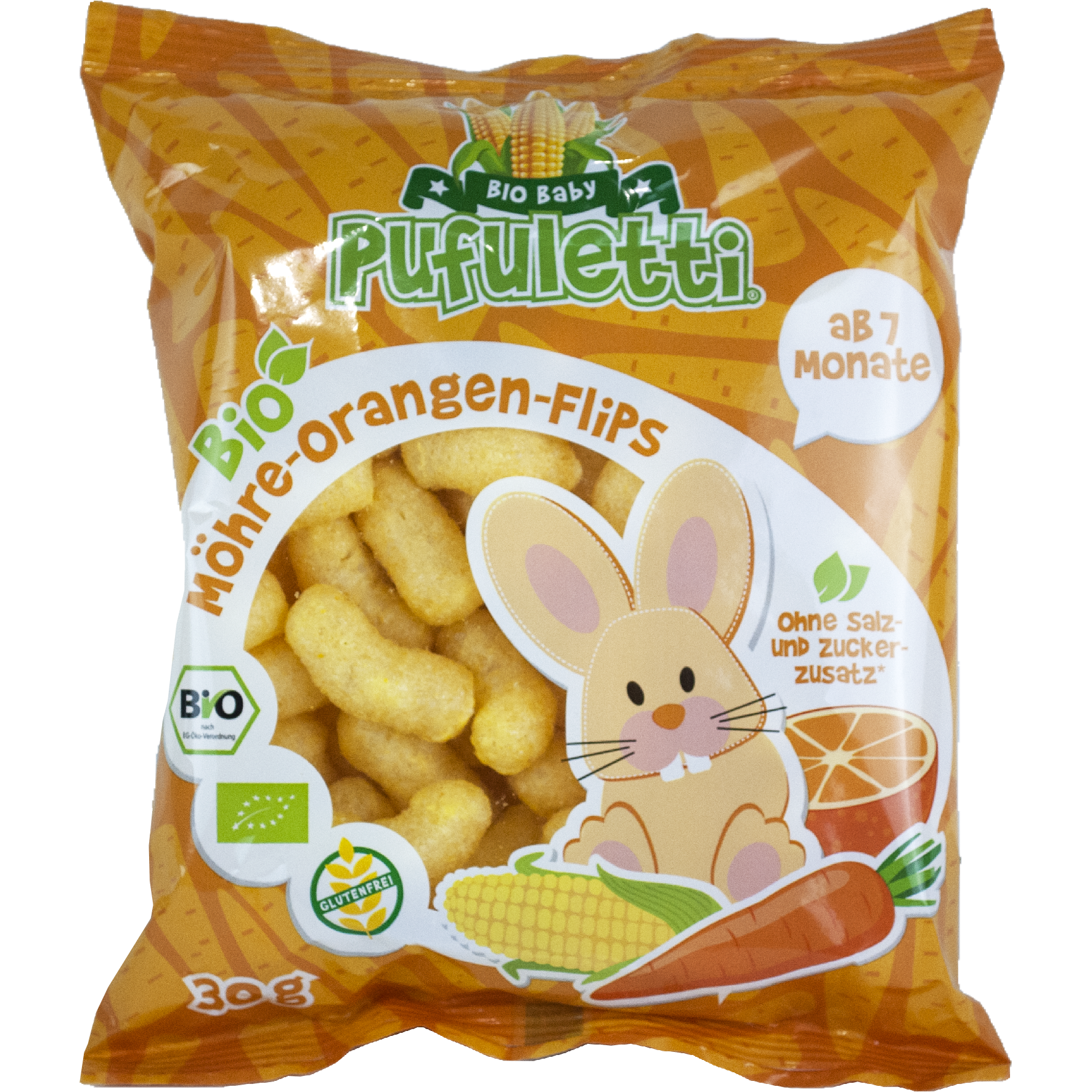 Γαριδάκια Καλαμποκιού Πορτοκάλι Καρότο χωρίς γλουτένh BIO 30g